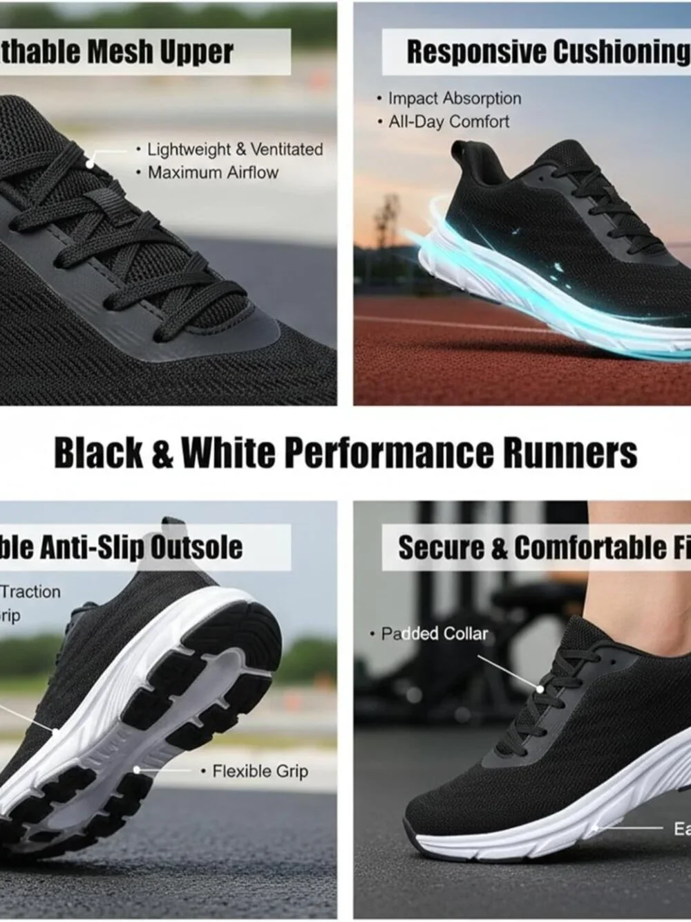 Women's Black Running Shoes Breathable Casual Non Slip Walking Sneakers